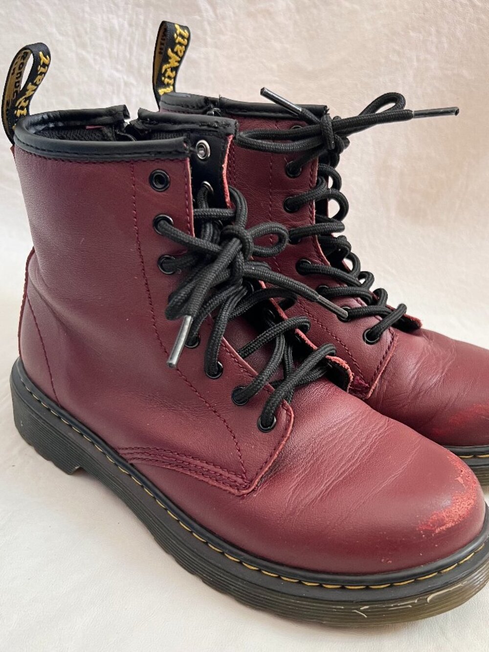 Dr Martens boots 1460 J cherry red leather lace up side zipper youth 3 kids docs